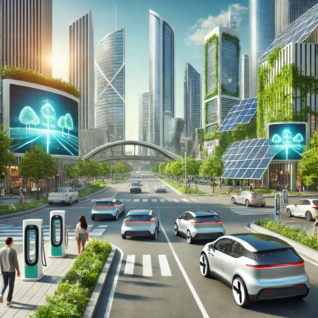 Electric Cars 2035: Bold Leap Toward a Cleaner Future or a Missed Opportunity? 2 A futuristic city with electric cars driving on clean roads, representing the shift from gas to EVs by 2035.