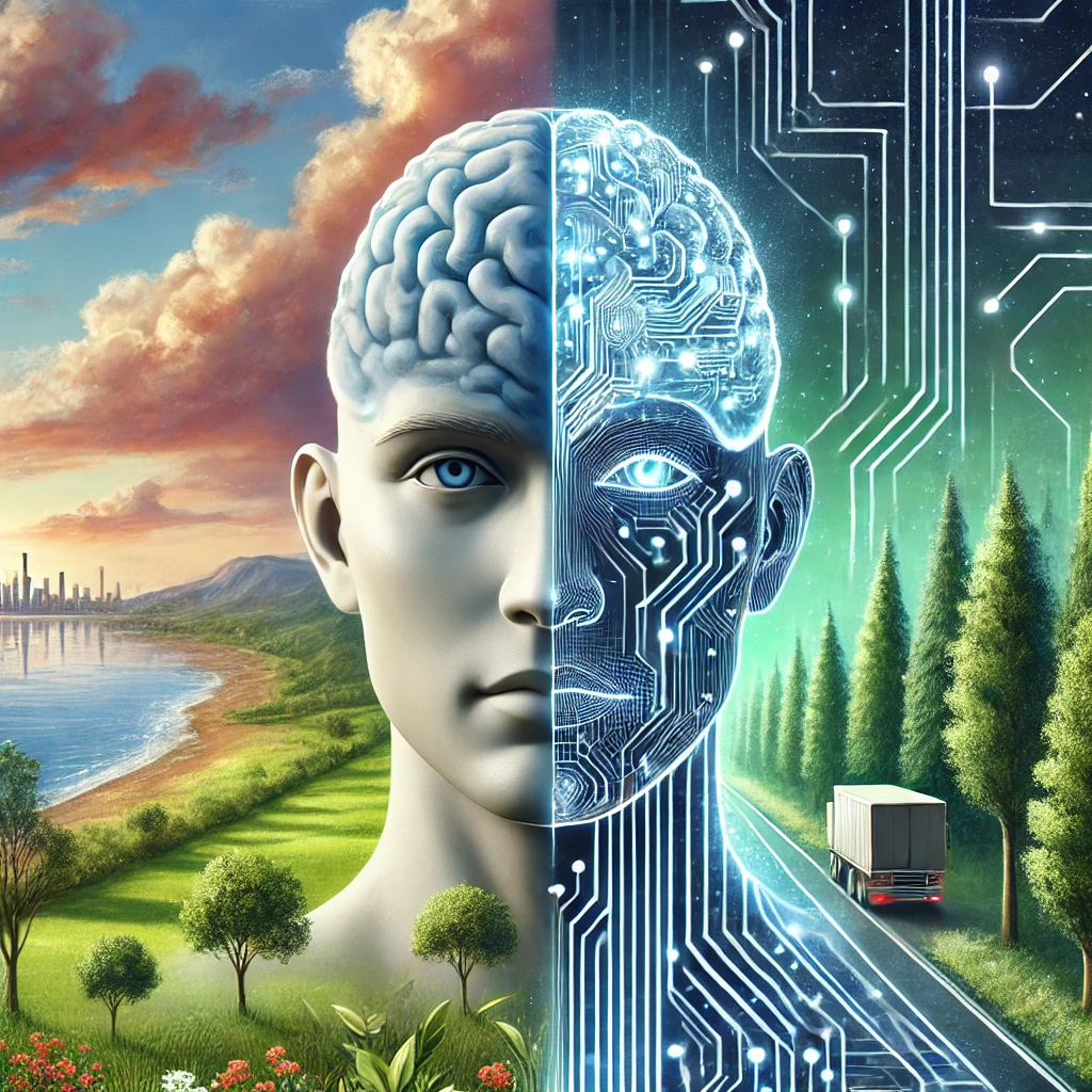 Will AI Ever Become Conscious? How It Could Transform Wellness and Identity 2 Half-human, half-AI head with nature and digital city background symbolizing consciousness