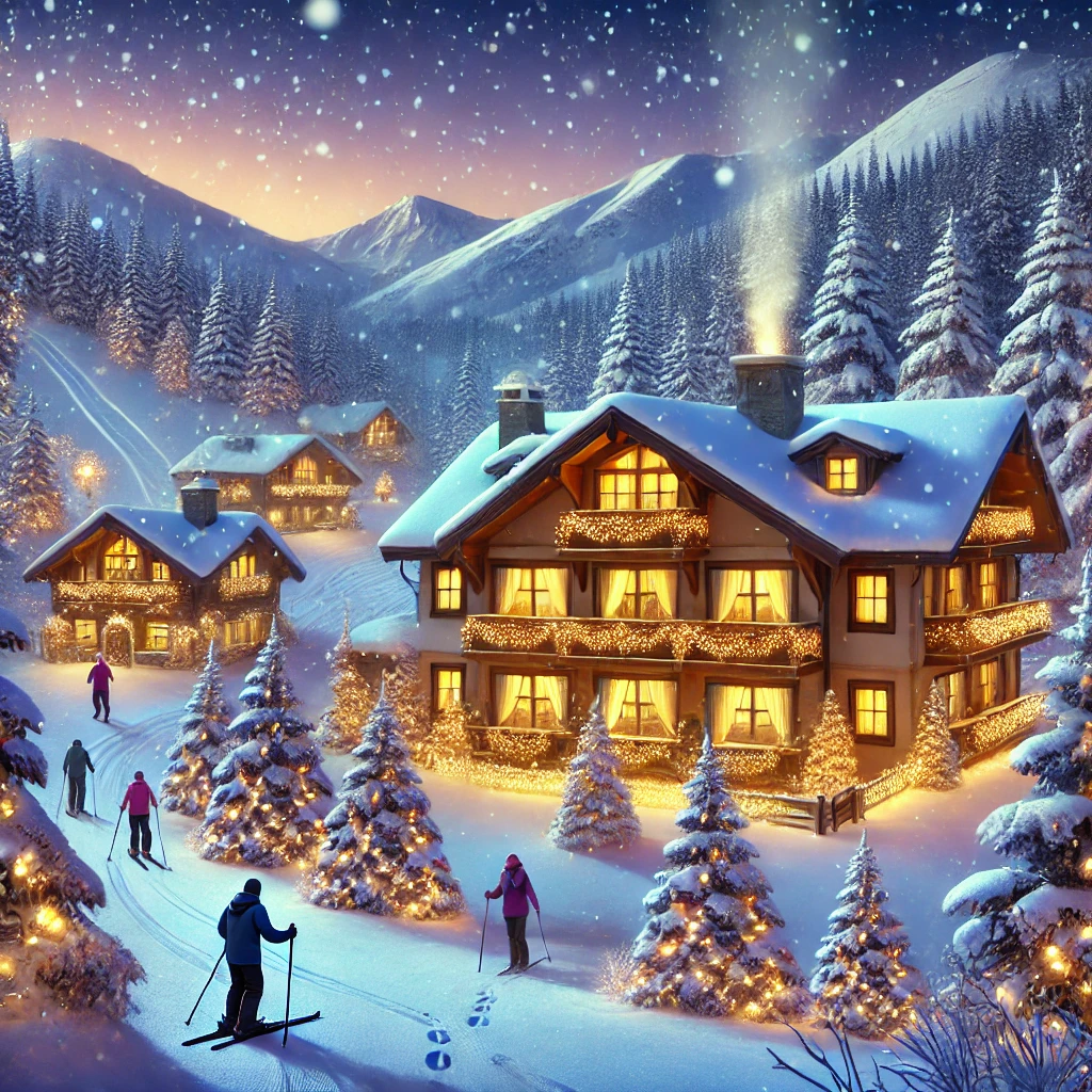Top 10 Tourist Activities to Enjoy During Winter Holidays 2 Family enjoying winter holiday activities in a snowy mountain village with festive lights, ski gear, and cozy cabins.