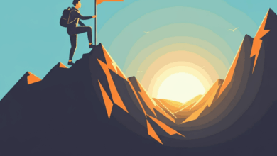 The image shows a person standing at the peak of a mountain, holding a flag as the sun rises in the background. The illustration uses vibrant colors and geometric shapes to convey a sense of achievement and triumph
