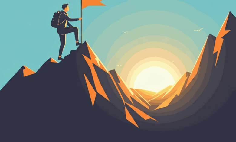 The Importance of Setting Personal Goals in Building a Prosperous Future 1 The image shows a person standing at the peak of a mountain, holding a flag as the sun rises in the background. The illustration uses vibrant colors and geometric shapes to convey a sense of achievement and triumph