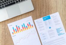 Business report with colorful charts and resume on wooden desk, illustrating data analysis and professional skills