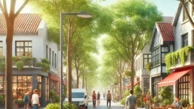 Modern couple walking in a clean, walkable small city with greenery and cafes, representing the appeal of relocating for better wellness and lifestyle.