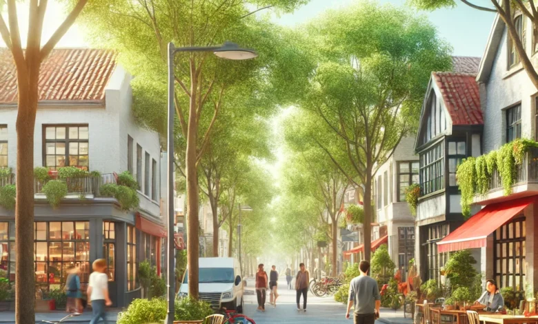 Why Everyone is Moving to Smaller Cities (And Should You?) 1 Modern couple walking in a clean, walkable small city with greenery and cafes, representing the appeal of relocating for better wellness and lifestyle.