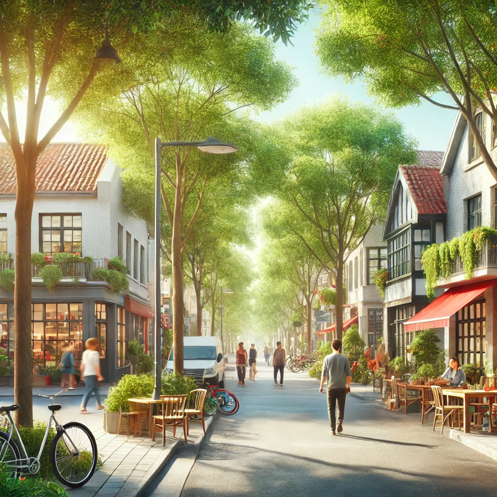 Why Everyone is Moving to Smaller Cities (And Should You?) 4 Modern couple walking in a clean, walkable small city with greenery and cafes, representing the appeal of relocating for better wellness and lifestyle.