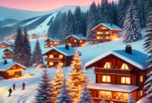 Winter travelers enjoying snow activities in a scenic mountain resort with pine trees, cabins, and festive decorations