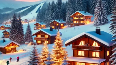 Winter travelers enjoying snow activities in a scenic mountain resort with pine trees, cabins, and festive decorations