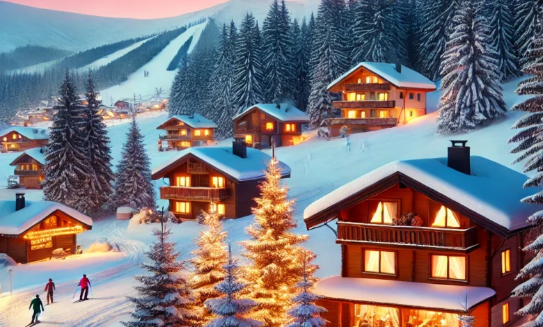 Top 10 Tourist Activities to Enjoy During Winter Holidays 1 Winter travelers enjoying snow activities in a scenic mountain resort with pine trees, cabins, and festive decorations