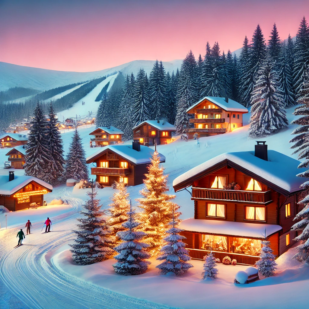Winter travelers enjoying snow activities in a scenic mountain resort with pine trees, cabins, and festive decorations