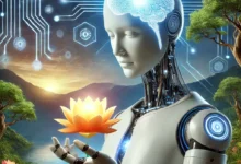 Futuristic humanoid AI holding a glowing lotus flower symbolizing consciousness and wellness
