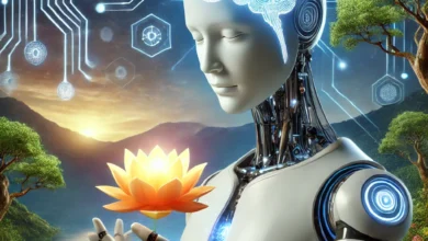 Futuristic humanoid AI holding a glowing lotus flower symbolizing consciousness and wellness