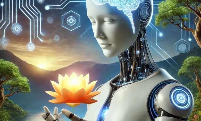 Will AI Ever Become Conscious? How It Could Transform Wellness and Identity 1 Futuristic humanoid AI holding a glowing lotus flower symbolizing consciousness and wellness