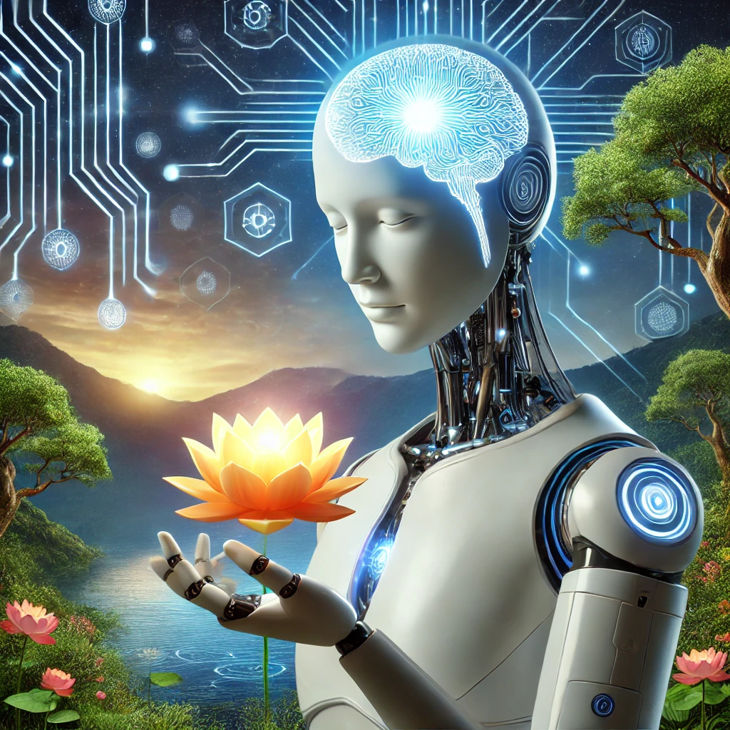 Futuristic humanoid AI holding a glowing lotus flower symbolizing consciousness and wellness