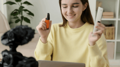 Influencer marketing content creation with a young woman promoting beauty products