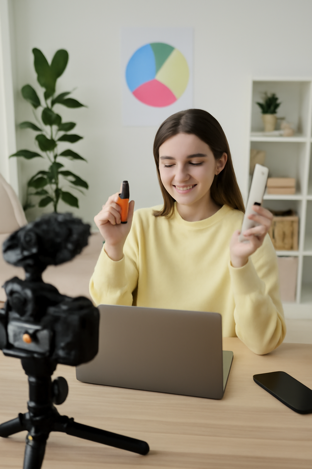 Influencer marketing content creation with a young woman promoting beauty products