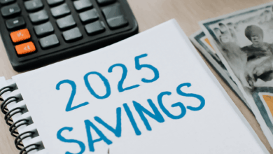 A close-up of a spiral-bound notebook with the bold heading '2025 SAVINGS,' along with a black calculator, financial documents with colorful bar graphs, scattered dollar bills, and a brass clock."