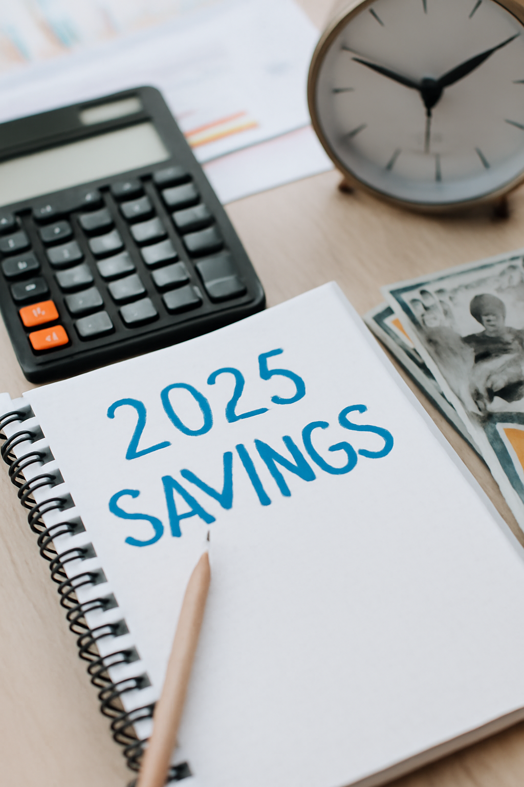 A close-up of a spiral-bound notebook with the bold heading '2025 SAVINGS,' along with a black calculator, financial documents with colorful bar graphs, scattered dollar bills, and a brass clock."
